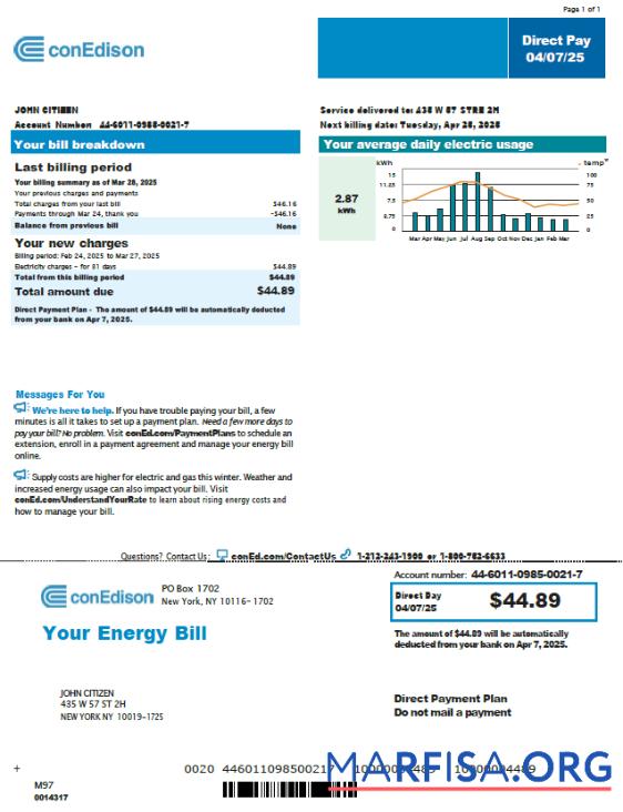 Printable USA Conedison utility bill template in Word and PDF formats, version 4
